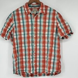 LL Bean Madras Large Organic Cotton Short Sleeve Plaid Button Down Shirt READ